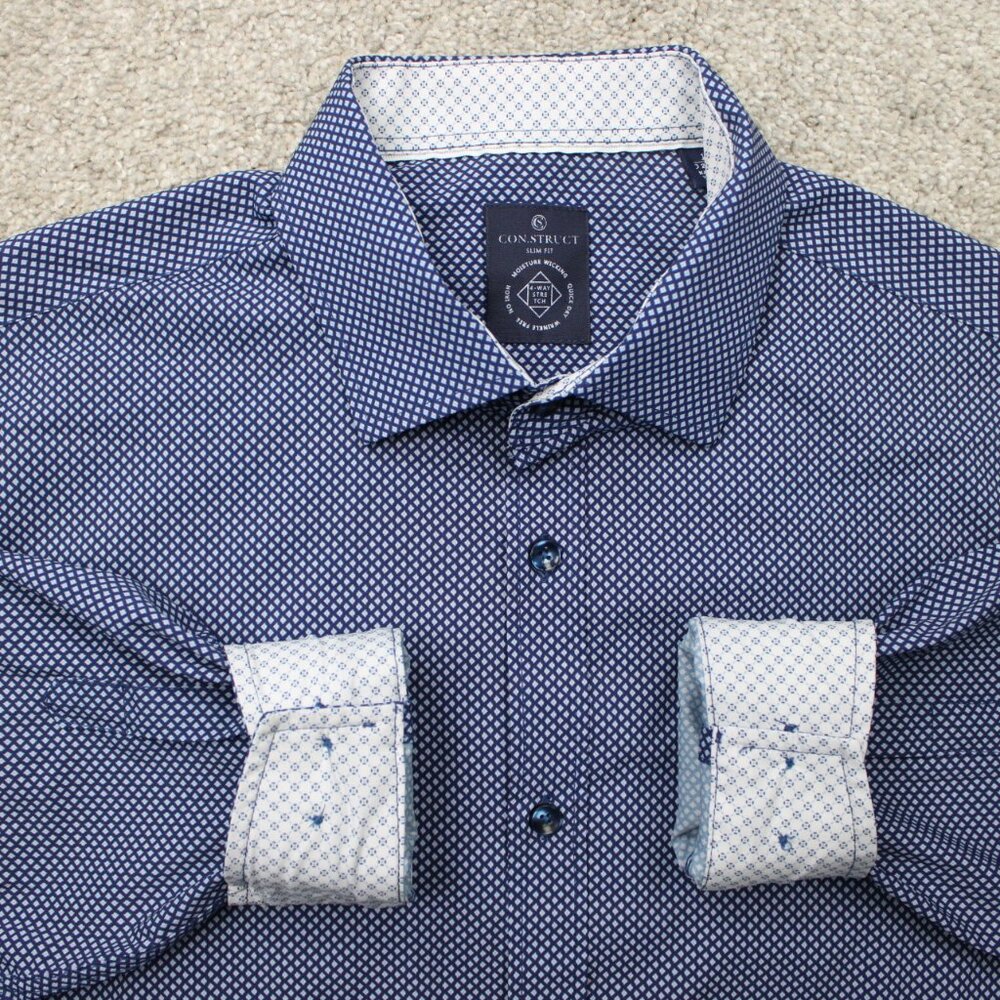 Construct Shirt Mens 17, 32/33 Blue Geometric Slim Fit 4 Way‎ Stretch Flip Cuff